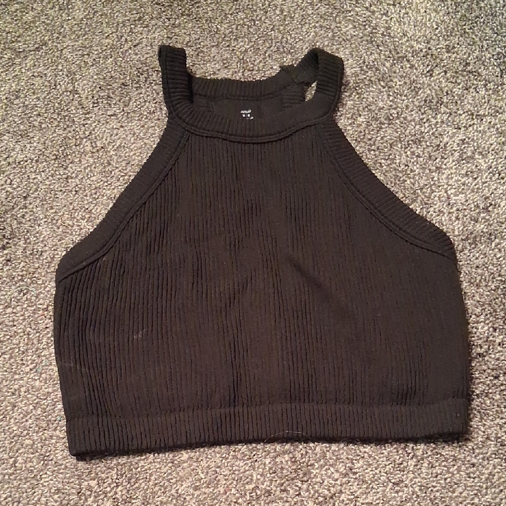 aerie Black Ribbed High Neck Bralette